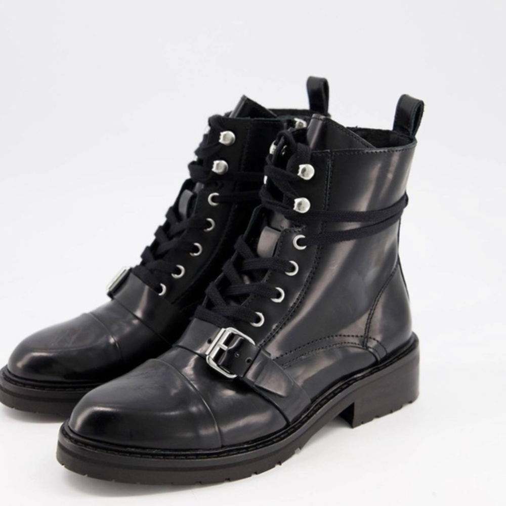 AllSaints Donita Leather Lace Up Hiking Boot With Buckle in black
